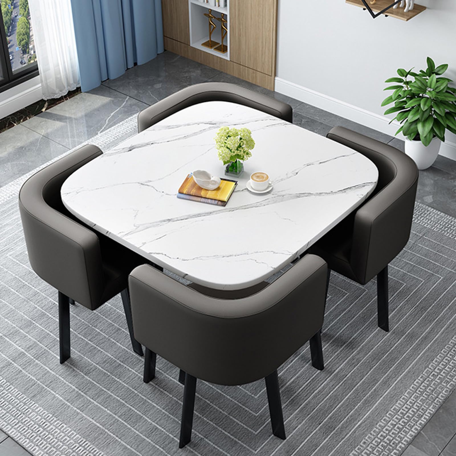 OLSKFUH Compact Square/Round Dining Table Set With 4 Chairs - Modern Space-Saving Dining Room Furniture For Small Spaces Balconies Living Rooms And Kitchens 80Cm/31.5In,Leatherb-80cm/31.5in