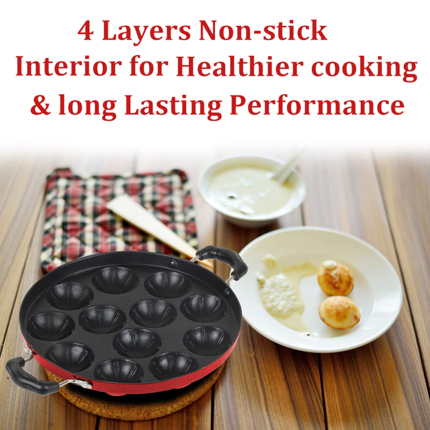 EURO SLEEK Grilled Type Appam Patra Non Stick 12 Cavities with Lid,Red Bottom(Paniyarrakal/Paniyaram/Appam Pan/Maker/Pan Cake Maker) 3