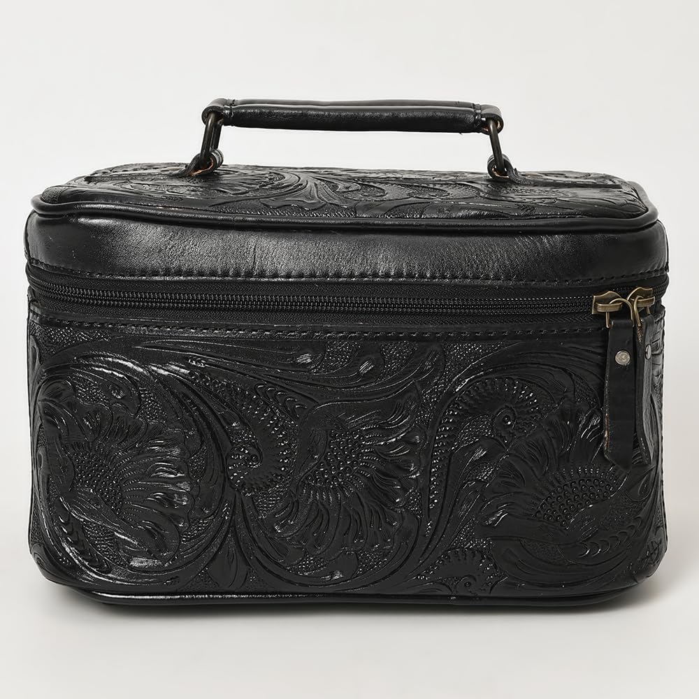 American Darling Western Hand Tooled Leather Jewelry Case | Handcrafted Travel Makeup Bag with Handle and Divided Interior