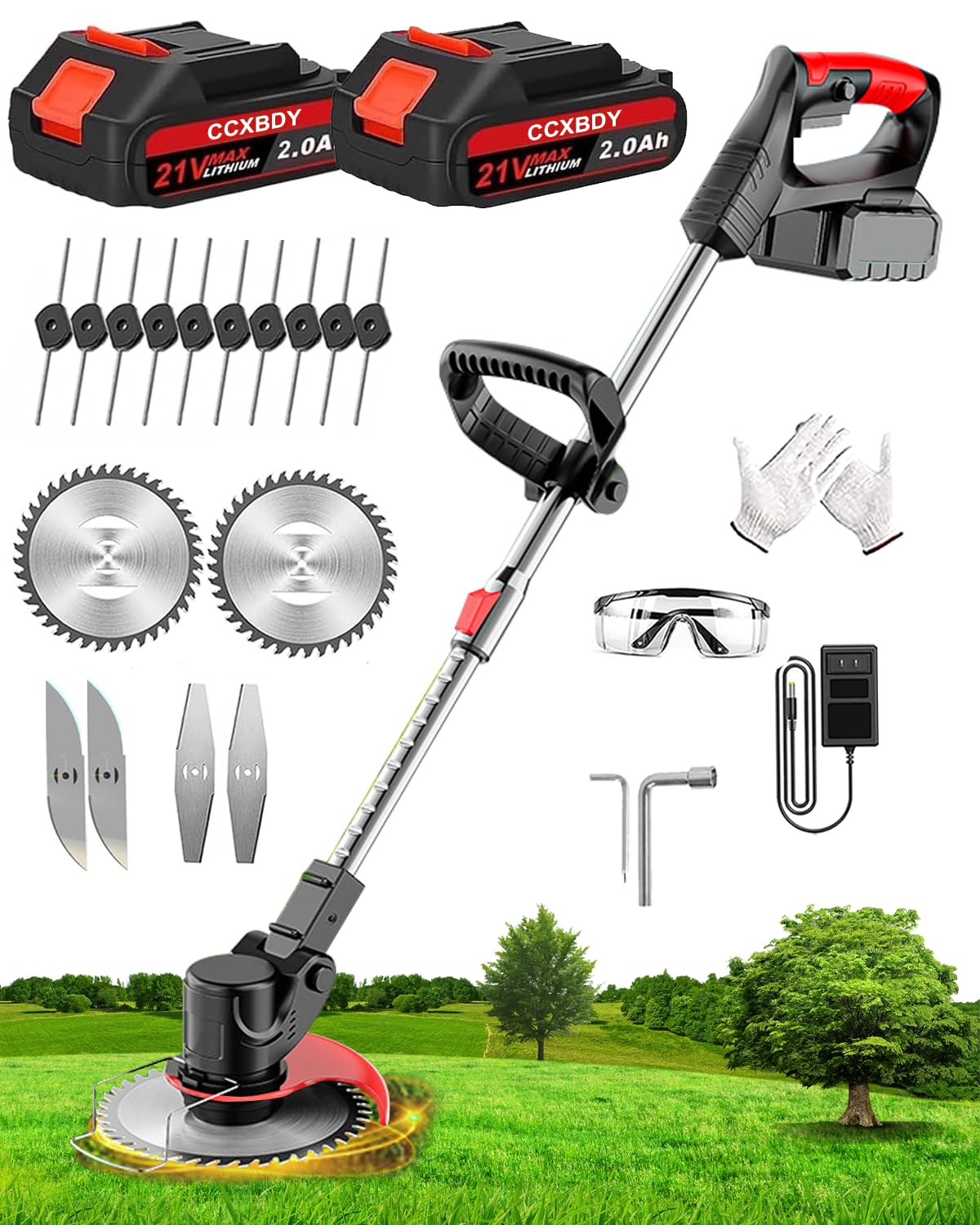 21V Cordless Strimmer, Grass Trimmer with 18,000 RPM and 880W Motor, 90° Head Rotation Garden Strimmer Cordless, 15cm Cutting Width, Brush Cutter for Clearing Weeds Flower Lawn Trees (orange)