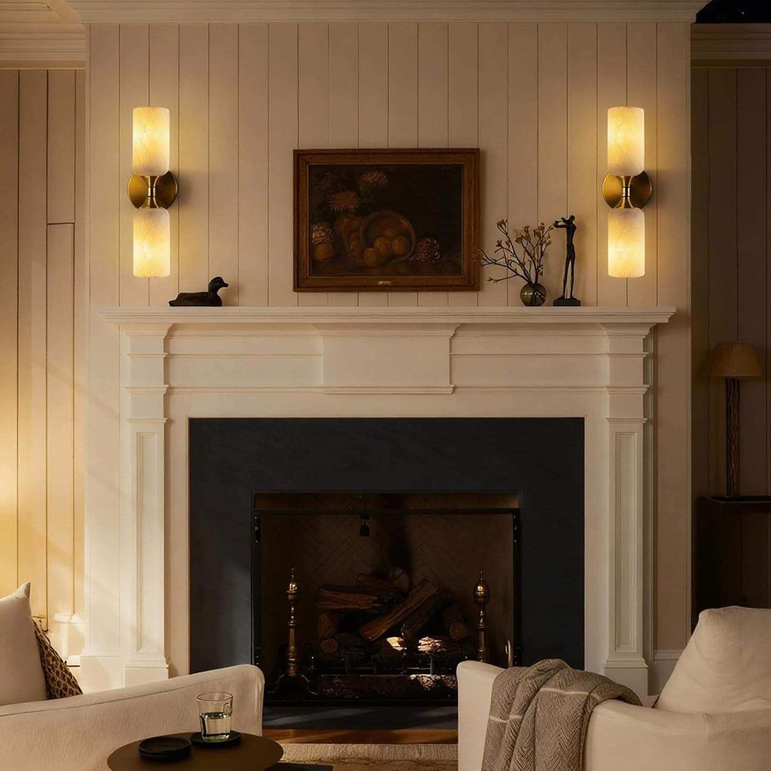 Natural Alabaster Wall Sconce Light Marble Wall Light Bathroom Vanity Sconce Mid Century Stone Wall Mount Light Gold Wall Light Fixture for Bedroom Living Room Kitchen Cafe Stairs