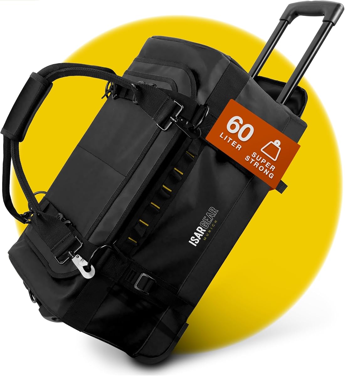 Isar Gear® Reisetasche mit Rollen 60 Liter - Outdoor Travel Bag (Schwarz) aus wetterfestem Material - Großer Reisekoffer mit Rollen, Sporttasche mit Rollen, Duffle Bag - Trolley (Koffertasche)