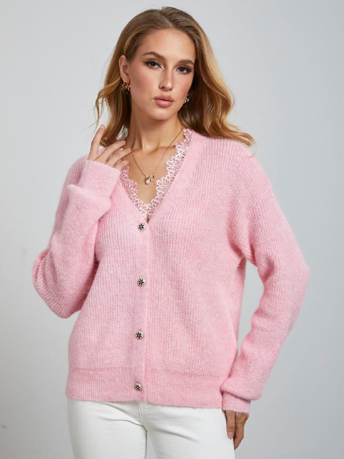 GORGLITTER Women's Lace Trim Fuzzy Cardigan Knit Sweaters Dressy Cozy V Neck Button Up Long Sleeve Cardigan Trendy - Image 5