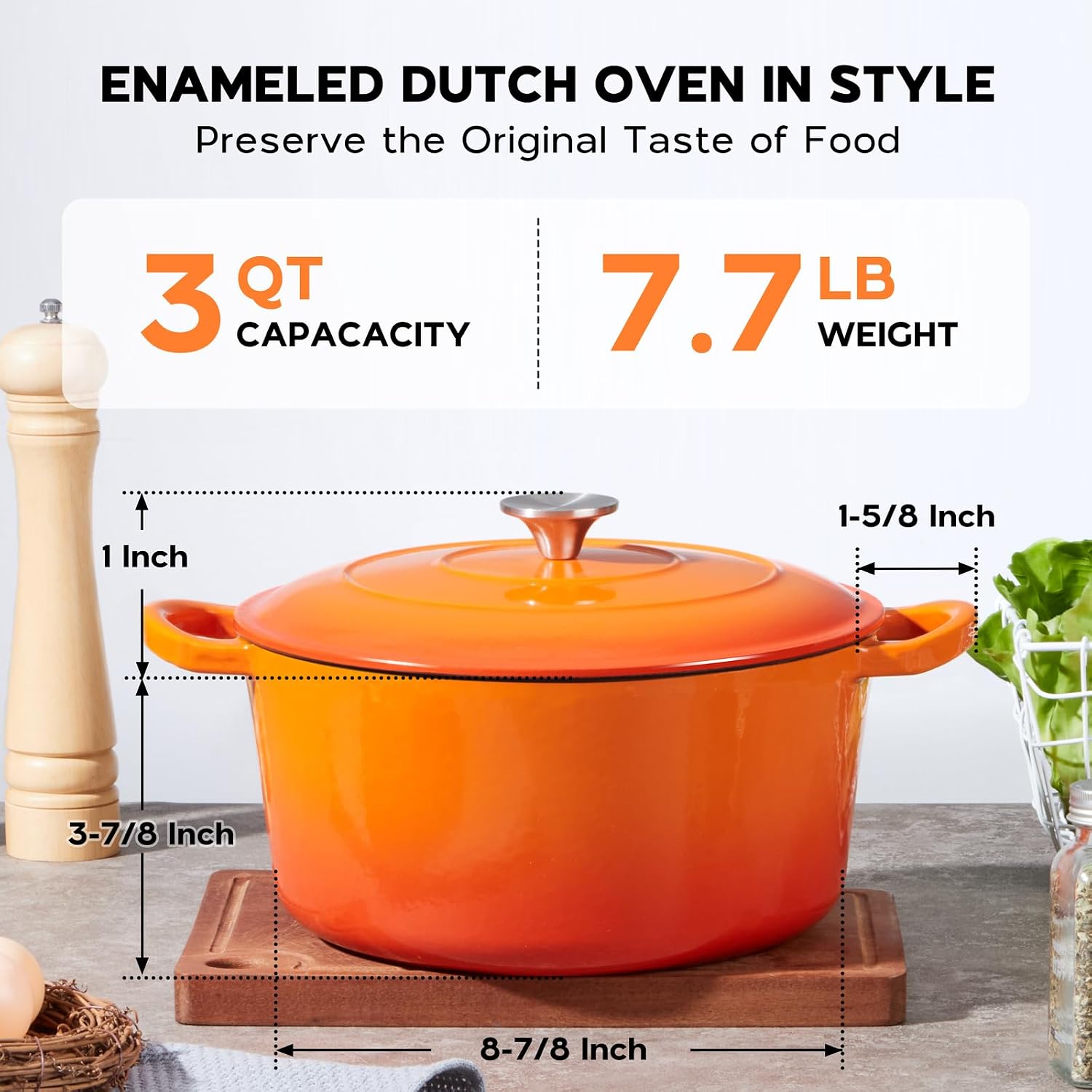 Onader 3QT Cast Iron Dutch Oven Pot with Lid, Round Dutch Oven for Sourdough Bread Baking, Small Enameled Heavy Duty Cookware - Orange