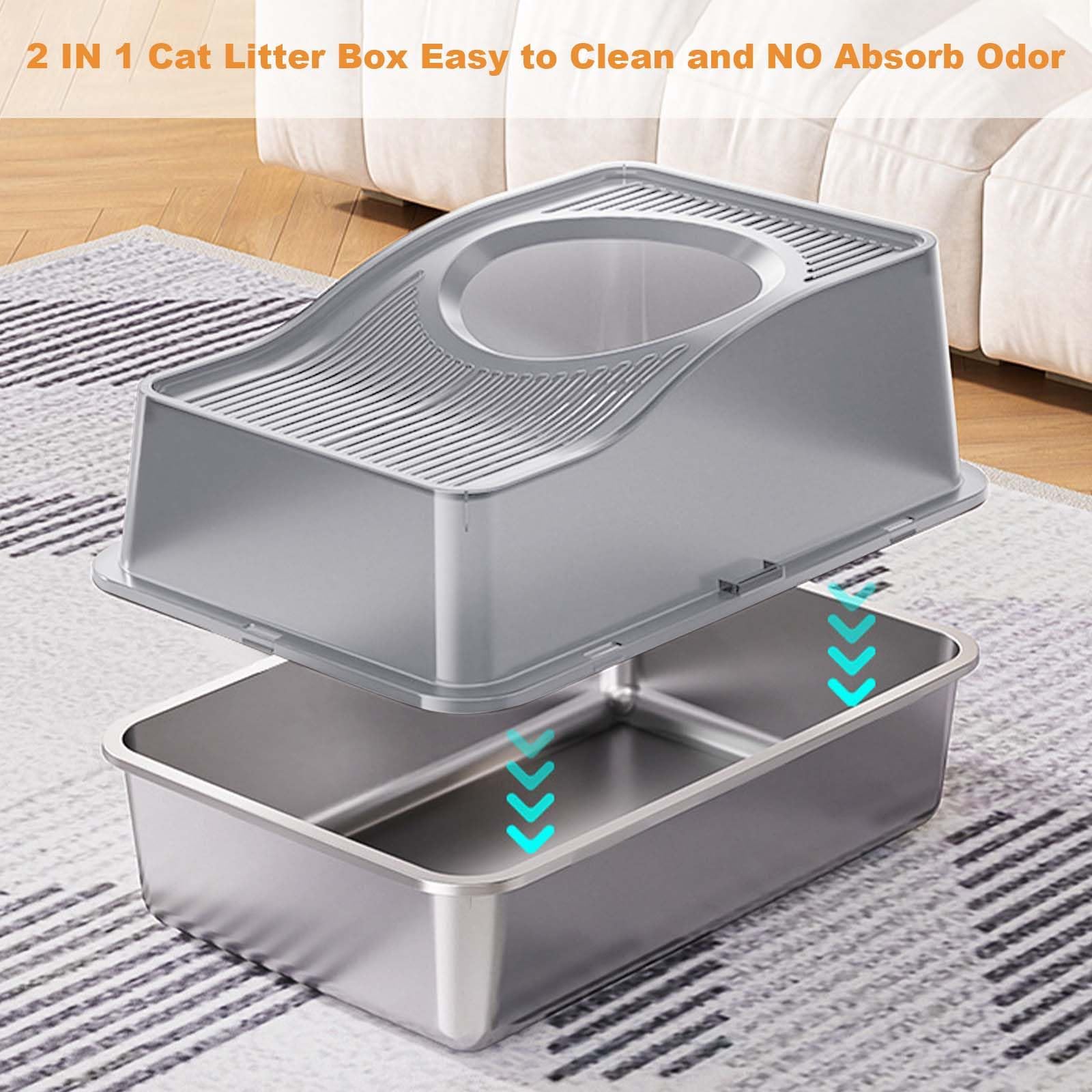 Garvee Arenero para Gatos de Acero Inoxidable Cerrado, Inodoro para Gatos antiolores Grande con Tapa y Plataforma filtradora de Arena, con Borde Alto de 15 cm y Pala, fácil de Limpiar, 60 x 40 x 34,5