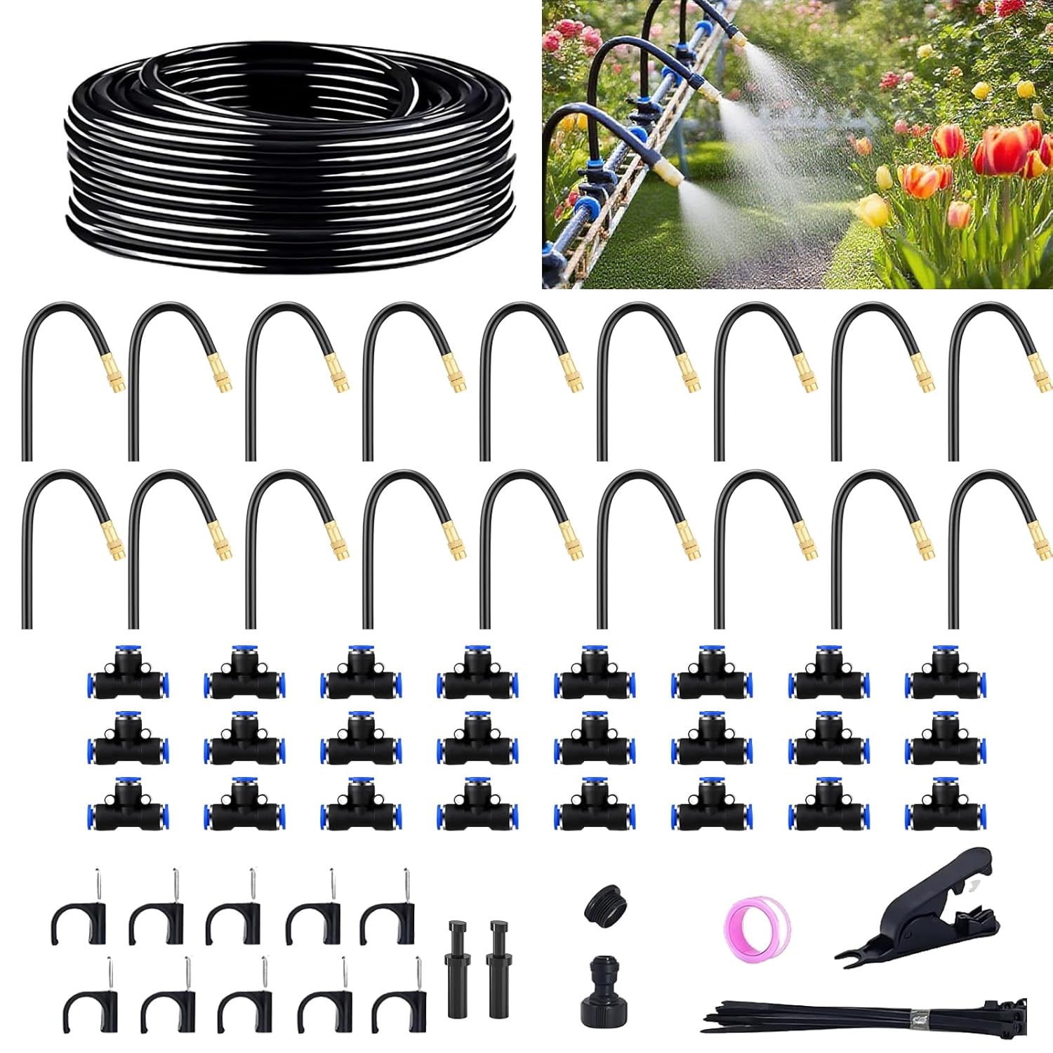 Drip Irrigation System for Garden, 50 ft Garden Watering System Drip Irrigation Kit, with 18pcs 360° Bending Mister Nozzles, for Lawn Yard Flower Green Houses Plants