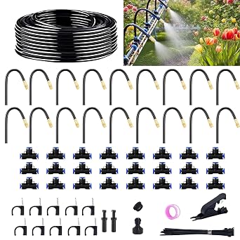 Drip Irrigation System for Garden, 50 ft Garden Watering System Drip Irrigation Kit, with 18pcs 360 Bending Mister Nozzles, for Lawn Yard Flower Green Houses Plants