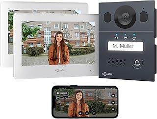 Goliath Basic Video Türsprechanlage, 2 Draht Bus, 2X 7 Zoll Monitor, Aufputz Türklingel mit Kamera, Gegensprechanlage mit Türöffner und Klingel, 1 Familienhaus, Plug & Play, Smartphone App