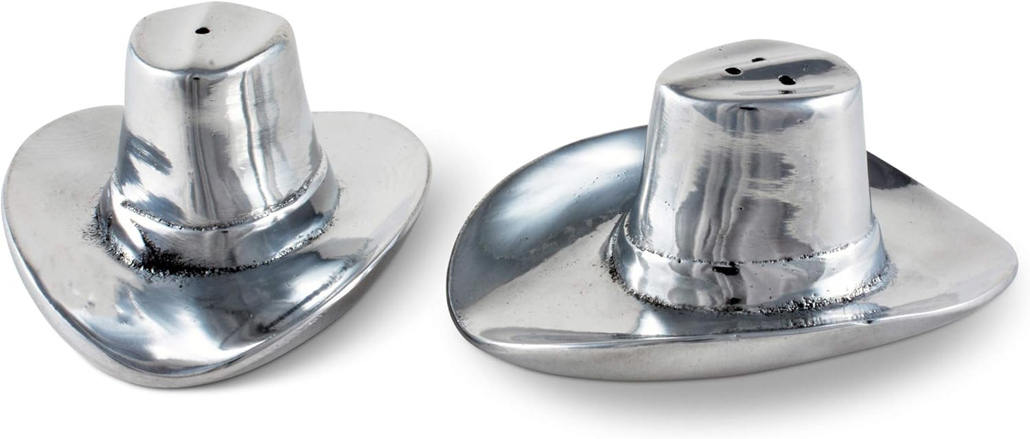 Arthur Court Aluminum Western Cowboy Hat Salt and Pepper Artisan Quality Hand Polished Set S/P Shaker 4 inch Tall