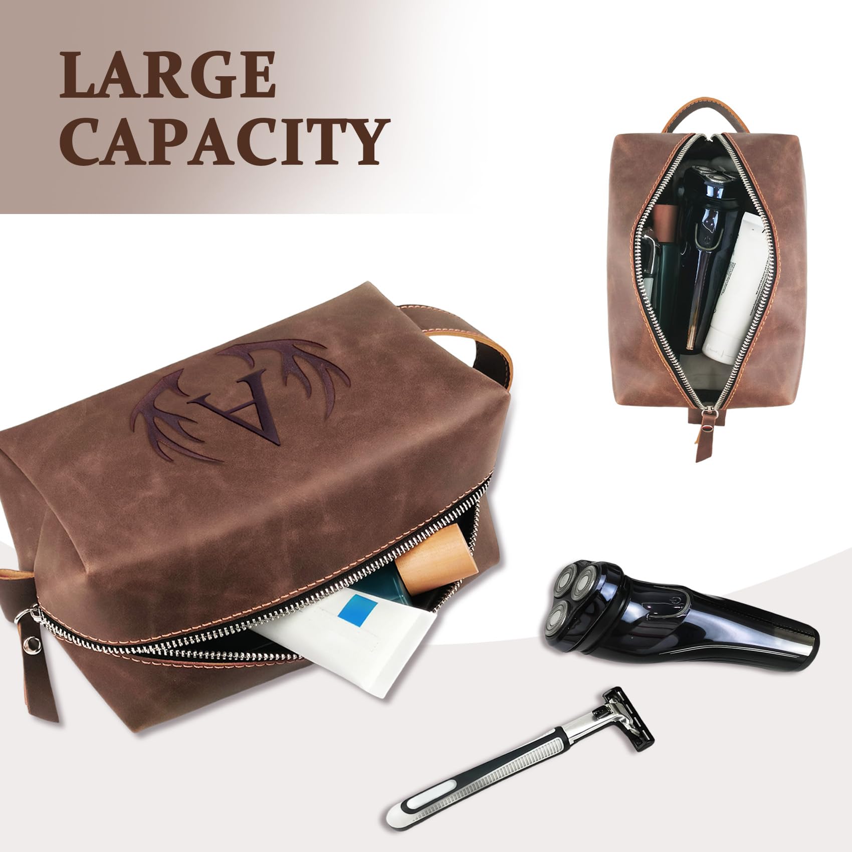 Mens Toiletry Bag Personalized Easter Fathers Day Birthday Gifts for Men Him Initial PU Leather Waterproof Shaving Bag for Toiletries Accessories Travel Essential for Dad Husband Boyfriend (M)