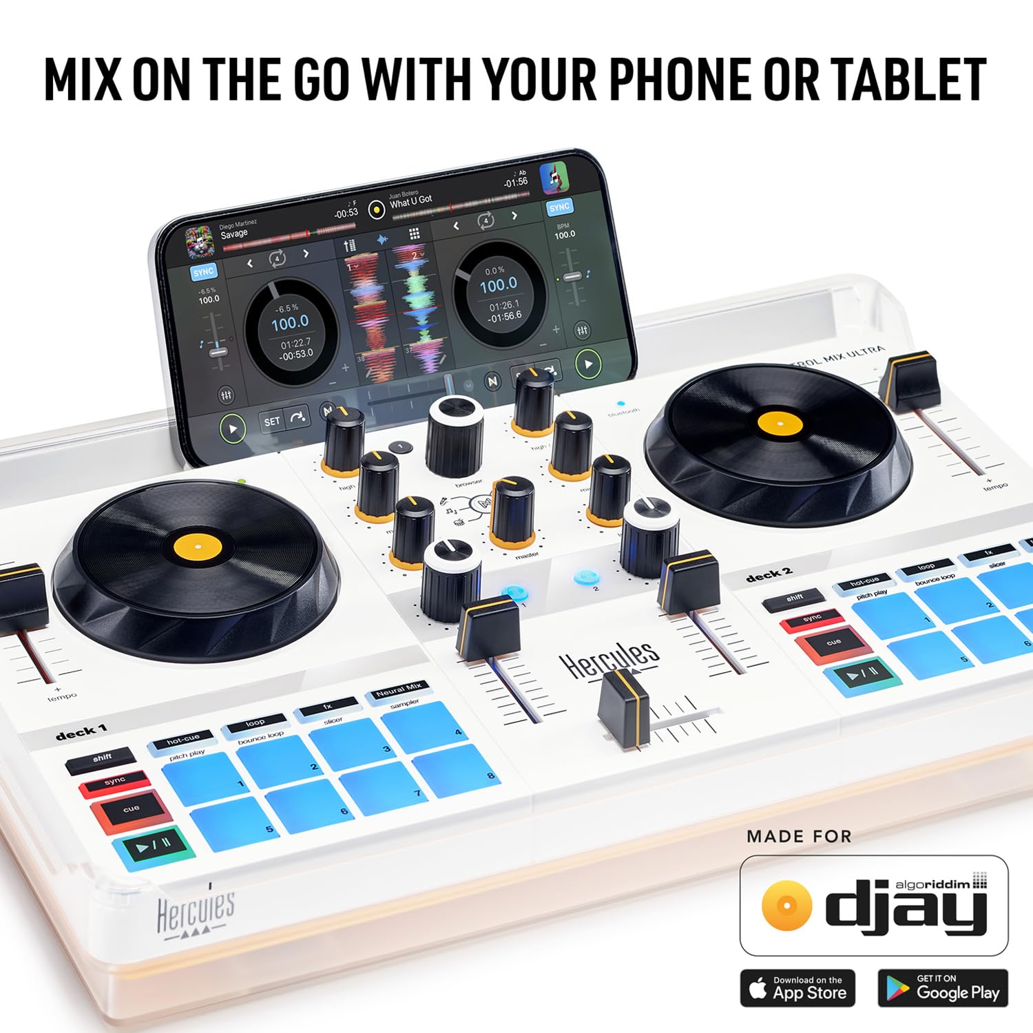 Hercules DJControl Mix Ultra mobiler DJ-Controller mit keepdrum Laptopständer