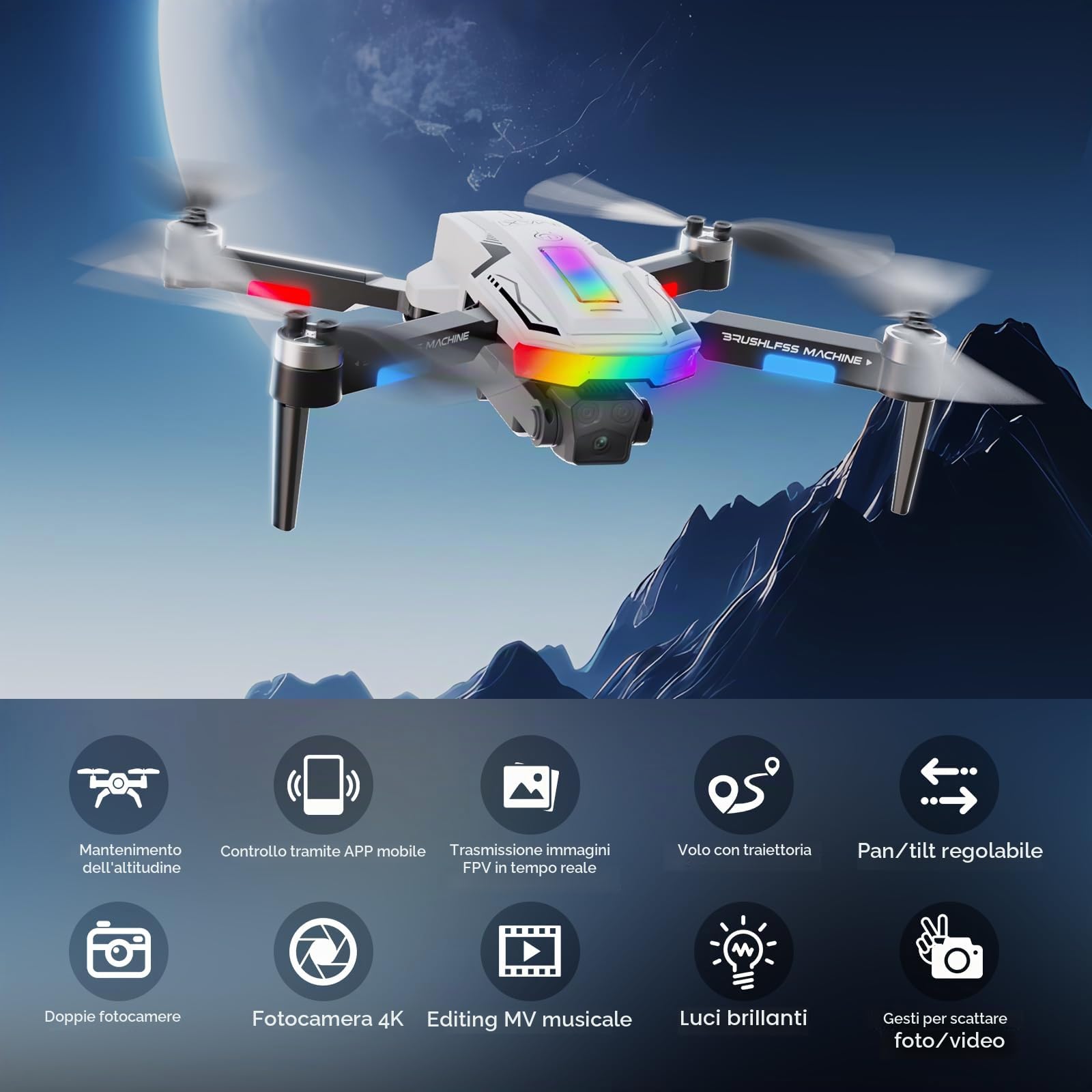 Drone con Telecamera 4K, 360°Flip, Wi-Fi, Motore Brushless, Modalità Senza Testa, Decollo/Atterraggio con un Solo Tasto, Volo in Traiettoria, Regali e Giocattoli per Principianti, 2 Batterie (Bianco)