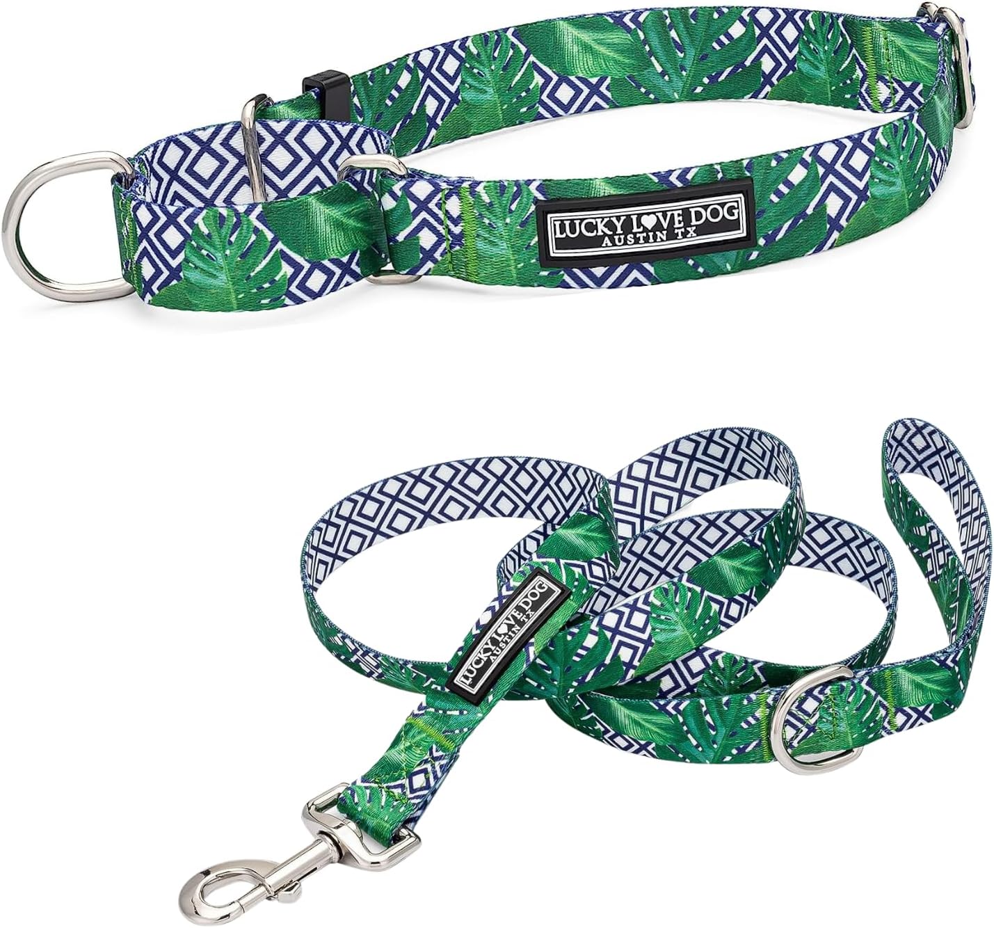 Lucky Love Dog Martingale Collar and Leash Set, Premium No Slip Martingale Collar for Medium Boy Dogs, Great for Whippets, Greyhounds, and More (Medium, Blue Laguna - Combo)