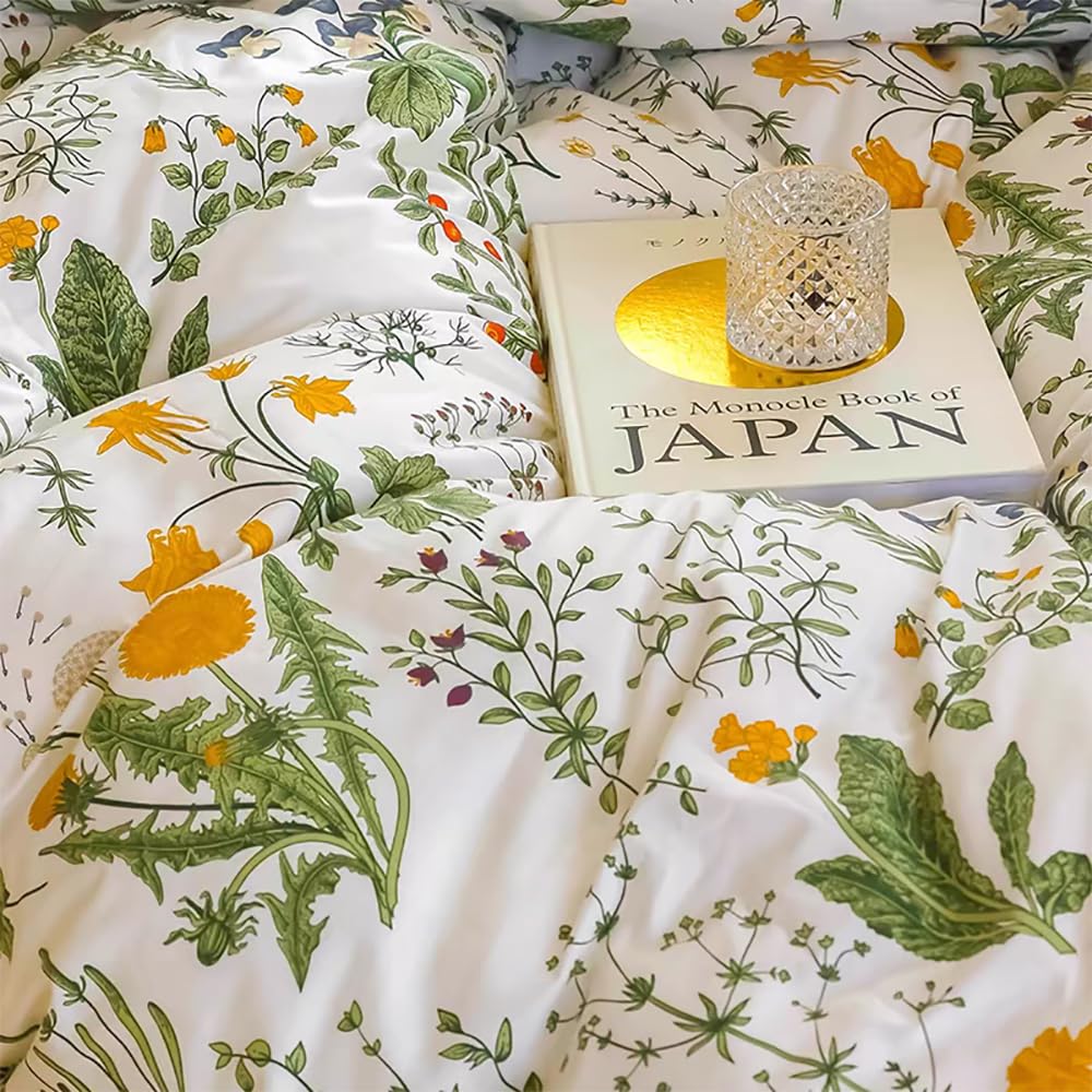 Juego de ropa de cama de algodón 135 x 200 cm, diseño de flores pequeñas y estampado botánico, funda nórdica estética con cremallera y funda de almohada de 80 x 80 cm