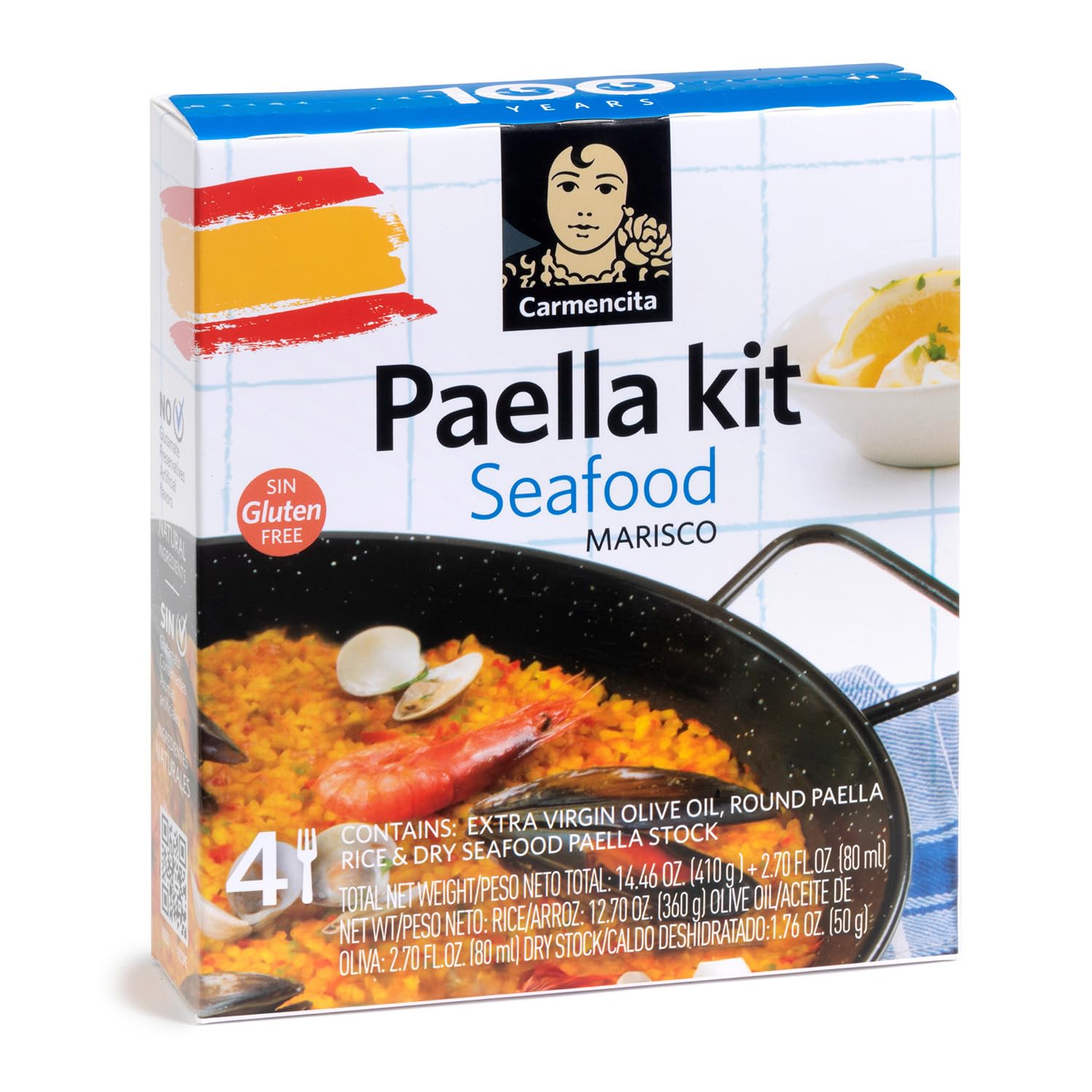 Carmencita Kit de paella aux fruits de mer - Kit complet pour 4 personnes avec riz, huile d'olive et bouillon déshydraté pour assaisonnement traditionnel de paella, kit de cuisine espagnole sans