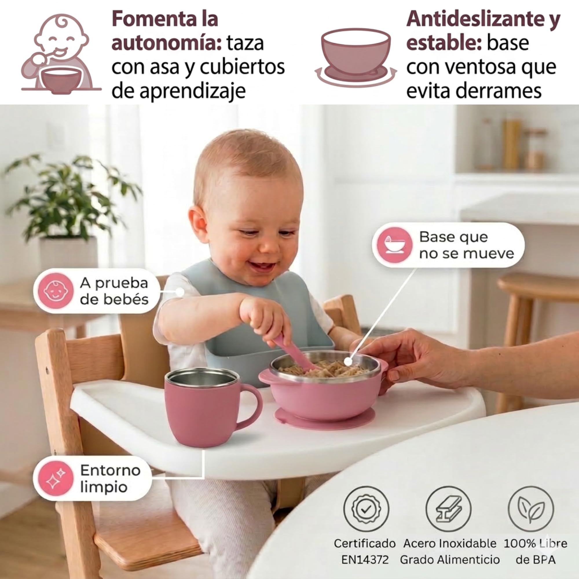 Set Bebé 4 Piezas 2en1 Acero Inoxidable + Silicona | Cuenco y Vaso Desmontables con Ventosa + Cubiertos BLW | Sin BPA Apto Lavavajillas | Alimentación Complementaria 6 Meses (Rosa)
