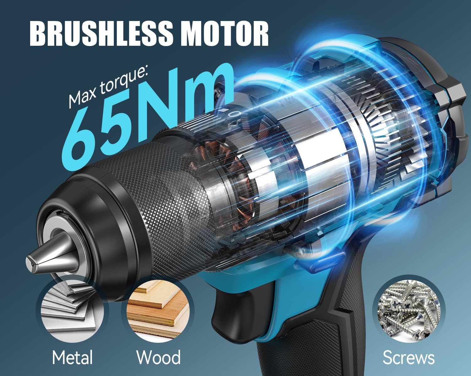 Tilswall 20V Cordless Drill, Power Drill with 65N.m High Torque, 18+1 Torque Settings, 1/2-Inch Keyless Chuck, Two Variable Speed, Battery and Charger, with LED for Craftsmen DIY