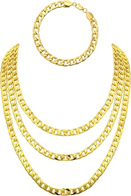 Jadive 4 Pcs Hip Hop Necklace Chain Bracelet Fake Chunky Cuban Necklace Stainless Steel Punk Jewelry for 80s 90s Rapper