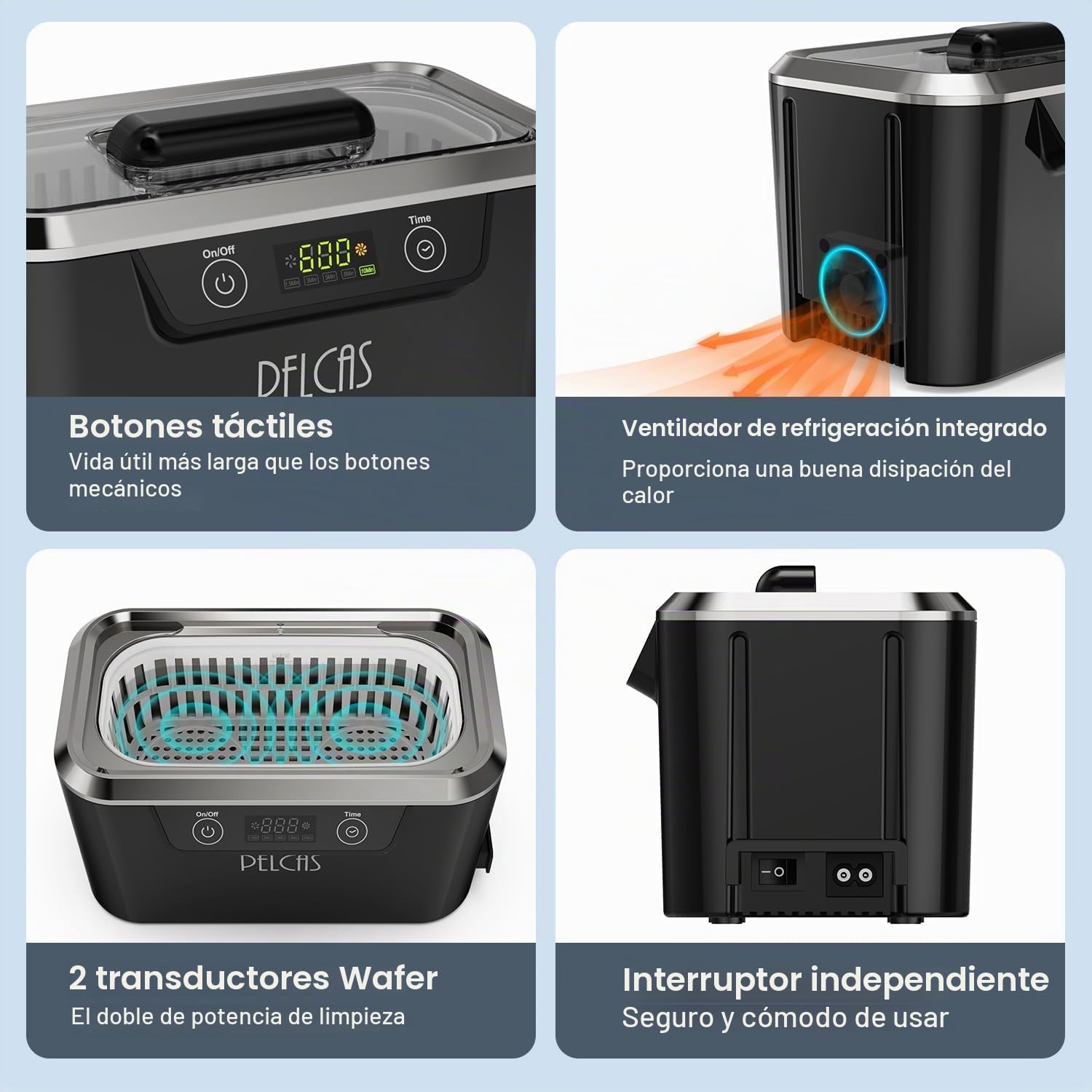 PELCAS Limpiador Ultrasonidos con Transductores Duales Limpiador Ultrasónico 800ML 42KHz con Pantalla Táctil y 5 Configuraciones de Tiempo para Anteojos, Relojes, Joyas, Dentaduras Postizas (Negro)