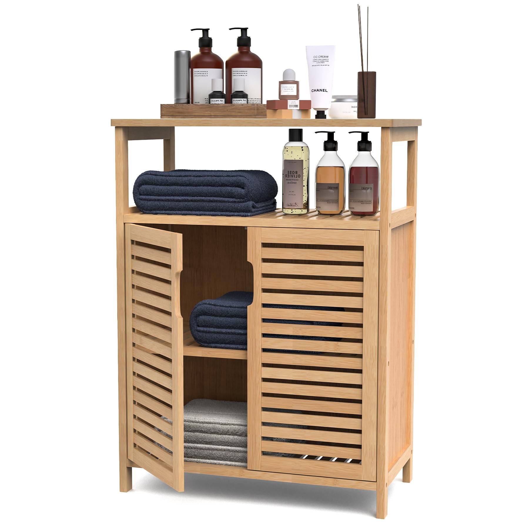 WRONWA Bathroom Storage Cabinet, Freestanding Floor Cabinet with 2 Doors and Top Shelf for Kitchen, Entryway, Living Room