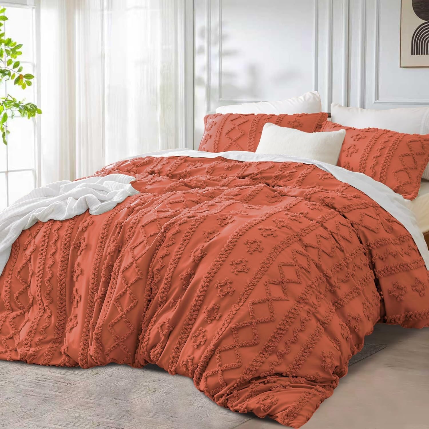 Housse de couette touffetée terracotta pour une chambre ambiance bohème chic
