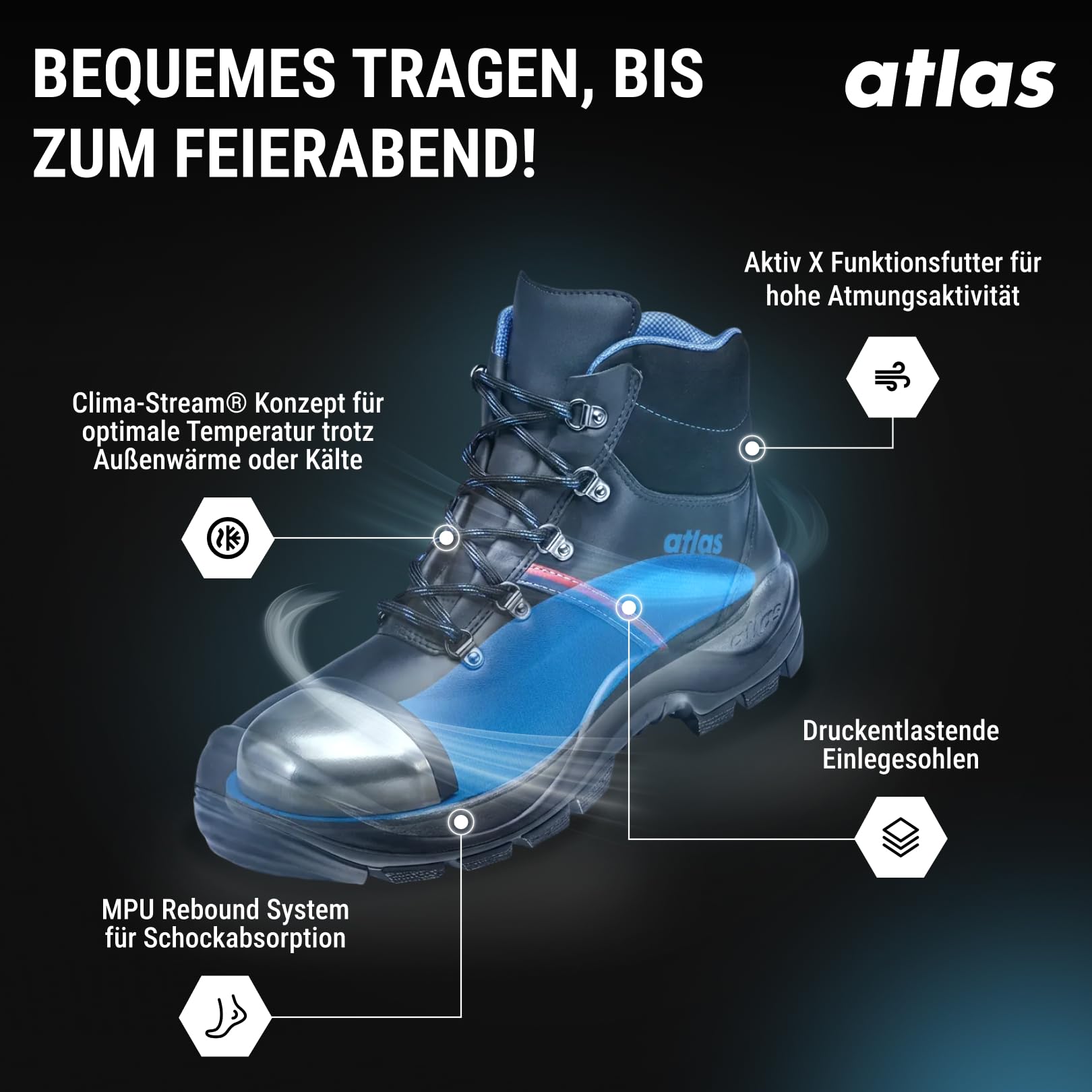 Atlas Męskie buty ochronne BAU 500, czarny, 43 EU