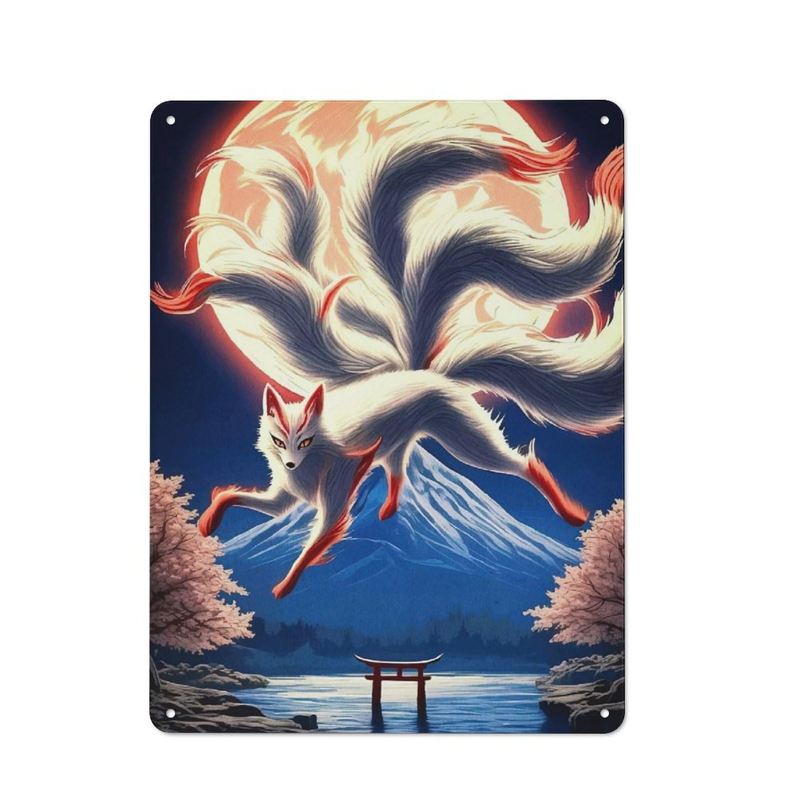 Junmoney Style-5 Tin Wall Plaque 40X30cm With Nine-Tailed Fox Mount Fuji For Kitchen Or Home Bar, For Vintage Wall Decor Fans, For Garage And Workshop Walls