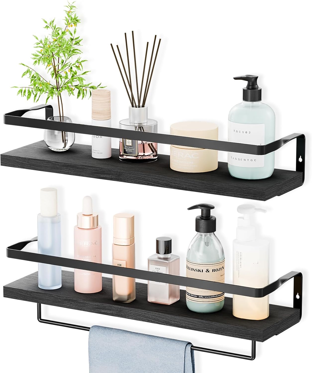 Bathroom Shelves with Towel Bar,Floating Shelves for Bathroom, Kitchen, Bedroom, Paulownia Wood, Matte Black Metal Frame - Set of 2 (Black)