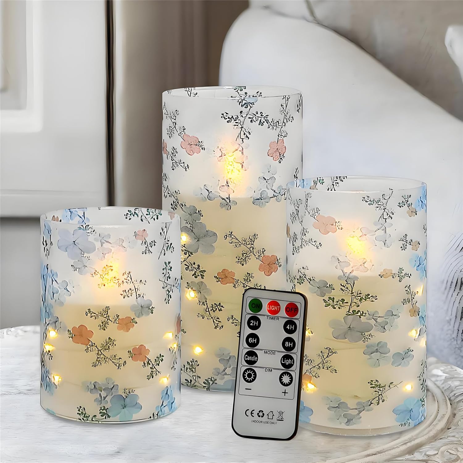 Printed Flameless Candles with String Lights - Set of 3 Battery Operated Candle Flickering Floral LED Pillar Candles with Timer Remote for Home Decor Romantic Ambiance,LT