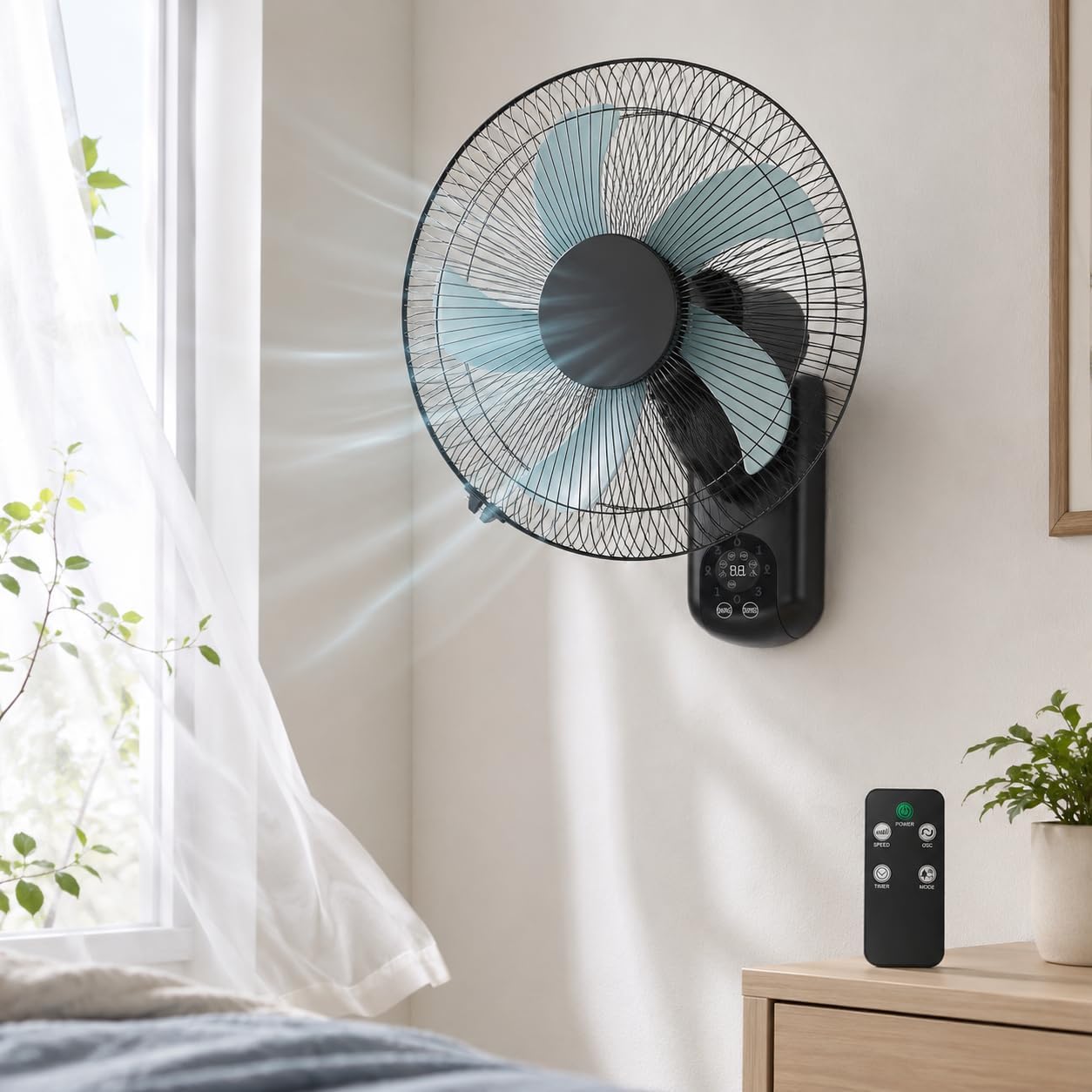 Wandventilator mit Fernbedienung, 40 cm Wand Ventilator mit 3 Geschwindigkeiten, Oszillation 90° & Timer, Leiser Ventilator Wandmontage für Schlafzimmer Büro Wohnzimmer