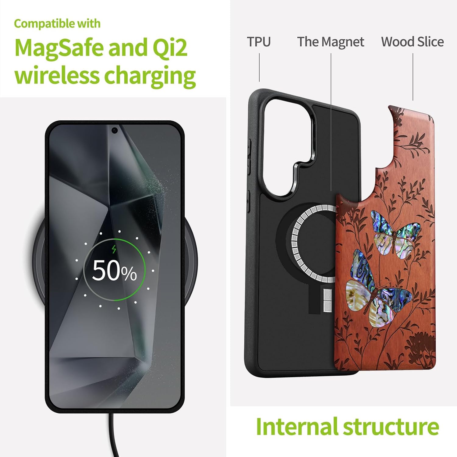 Carveit Magnetic Wooden Case for Samsung Galaxy S26 Ultra Case, Wood Artisan Engraved & Handmade Shell Inlaid, Compatible with MagSafe Wireless Chargers (A Dance of Nature) Rosy