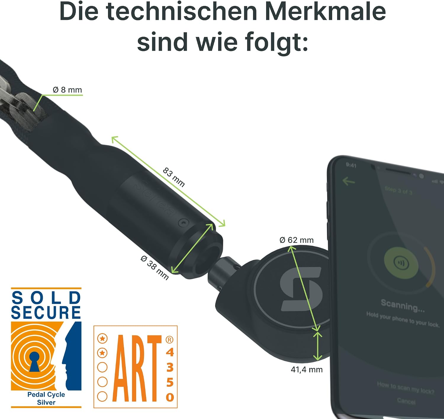 SEREA BOLD, Smart Lock, Bicycle Lock, Keyless & Battery-Free, High Security, Reliable (Black, 100 cm)