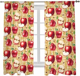 Semi Sheer Curtains 72 Inch Long 2 Panels,Red Apples Farm Fruit Light Filtering Window Drapes,Retro Weave Art Soft Voile Rod Pocket Curtains for Living Room Bedroom Kitchen