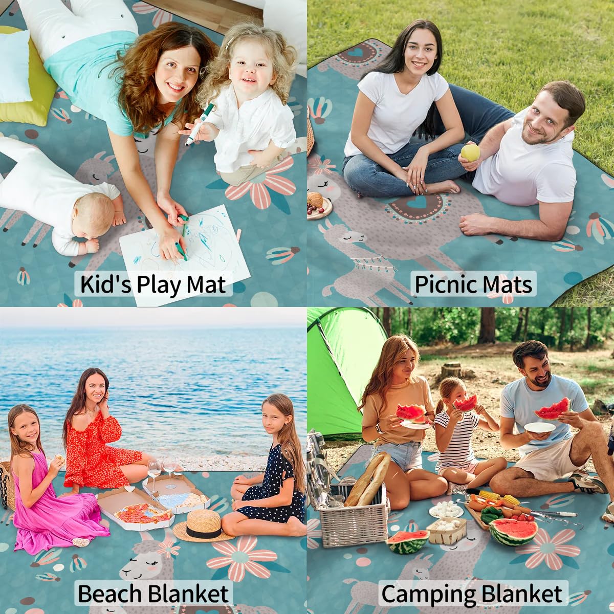Koc piknikowy ze wzorem alpaki, wodoodporny, odporny na piasek, składany koc plażowy, 200 x 200 cm, bardzo duża, przenośna, nadająca się do prania, mata na zewnątrz, na kemping, do parku, na