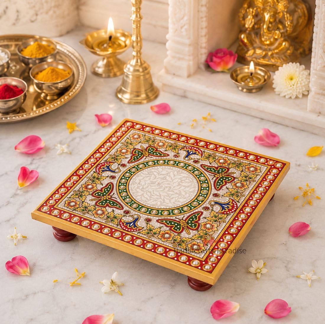 Handicrafts Paradise (6 x 6 inch) Intricate Butterfly Design Painted Marble Chowki (Multicolour), Home Mandir, Idols Statues Pratima, Bajot for God, Home Décor Showpiece-image-9