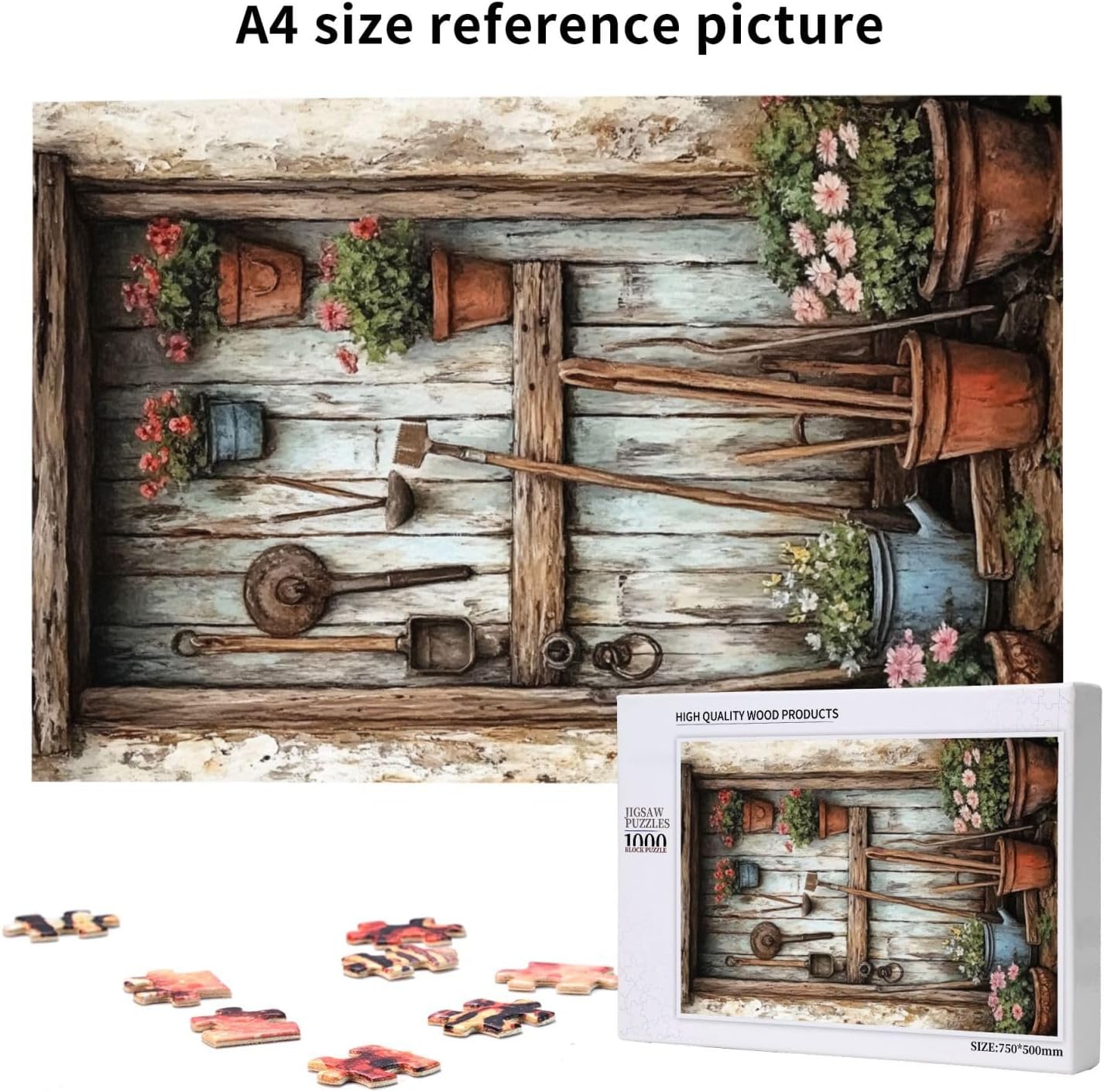 1000 Piece Adult Wooden Puzzle,Rustic Flower Pots & Vintage Gardening Tools,Countryside Charm,Ideal for Exercising Brain Power and Hands-on Skills,Improves Intelligence and Observation