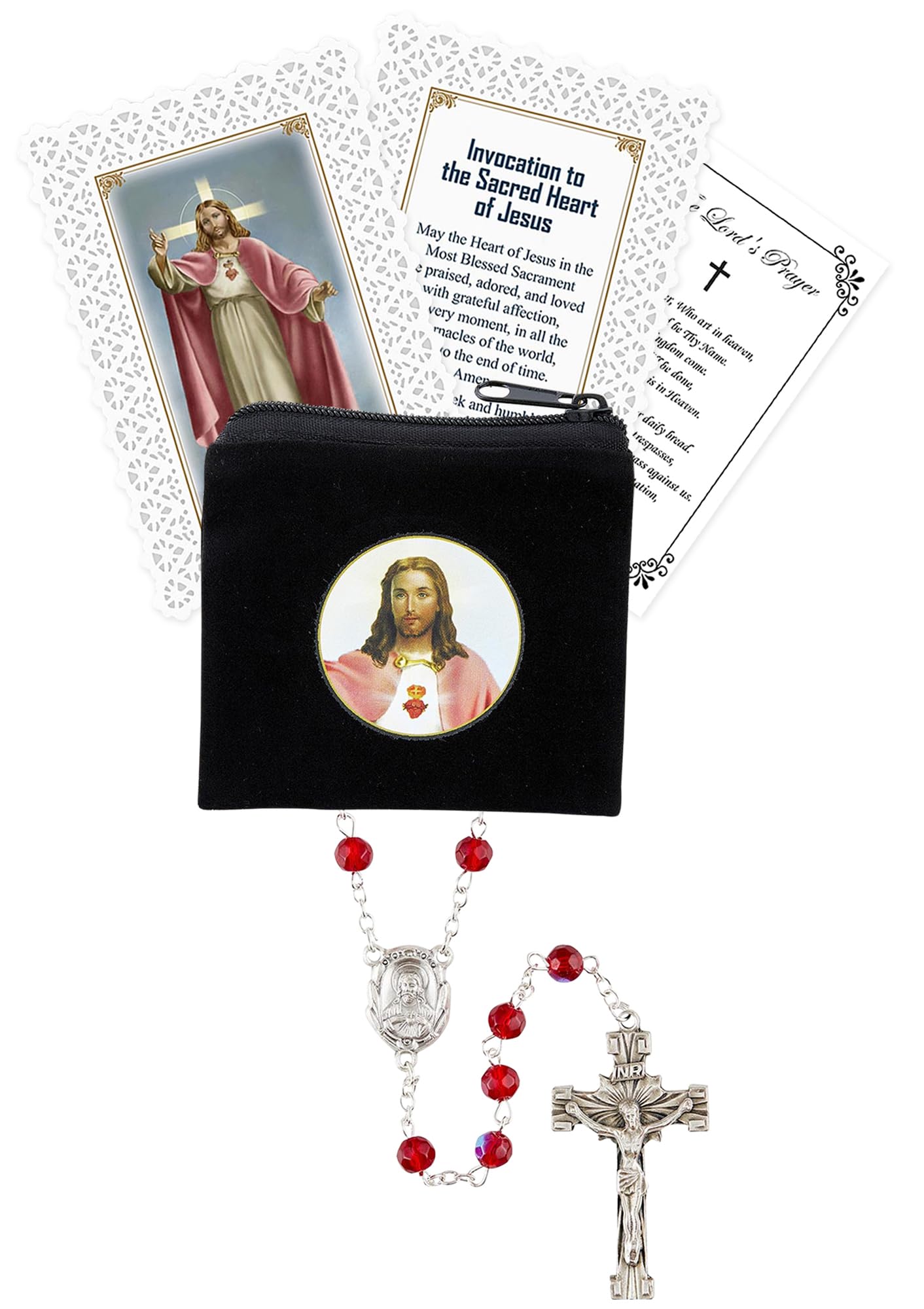 Trendzeen Sacred Heart of Jesus Rosary Set - Laminated Prayer Card, Zippered Case, Lord's Prayer Card, Prayer Beads - 4 Items