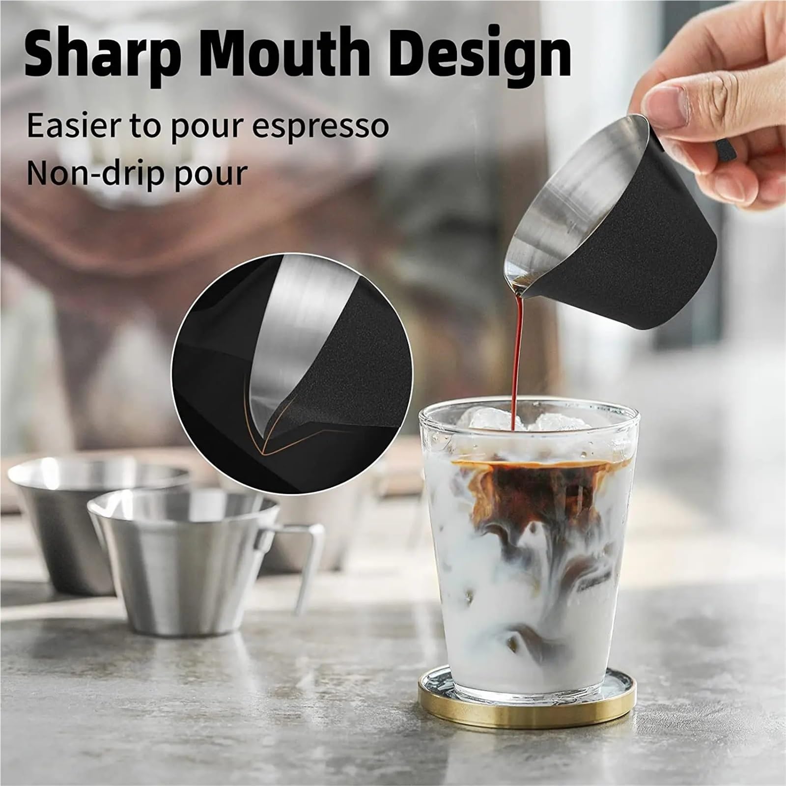 Jarra para Espumar Leche Taza medidora de Espresso de 100ml con Escala, Taza de café de Acero Inoxidable, Boca Afilada con Mango, Tazas Medidas a Escala, Tazas de café(Silver)