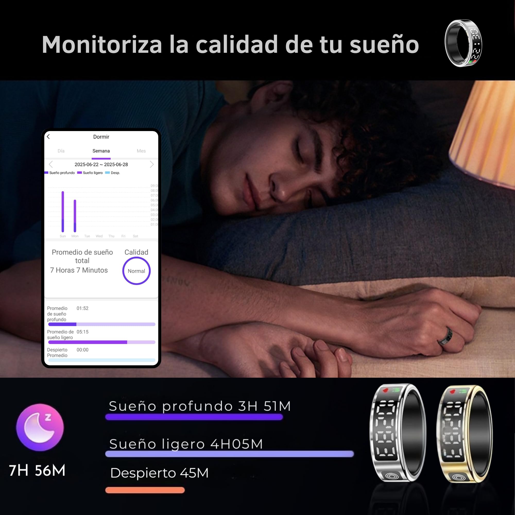 smartia - Anillo Inteligente con Pantalla Tactil, Smart Ring para Hombre y Mujer, Anillo Inteligente con Actividad Fitness y Control de Salud, Monitoriza tu Sueño, Incluye Puerto DE Carga (Oro, 9)