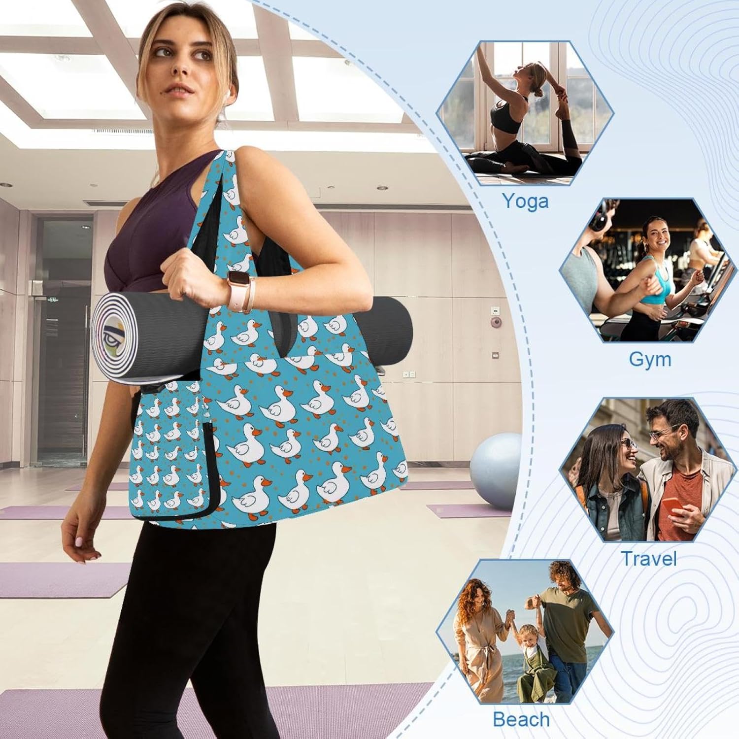 Yoga Mat Bag, Gym Workout Bag with Shoe Compartment, Blue Sharks Pilates Bag for Women, Quick Access Storage Yoga Tote Bag for Sports Travel Office