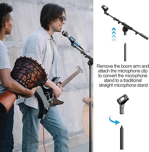 Miniatura 6 de Soporte de micrófono con brazo de brazo, trípode resistente, soporte de suelo ajustable con bolsa de transporte y 2 clips de micrófono para cantar,