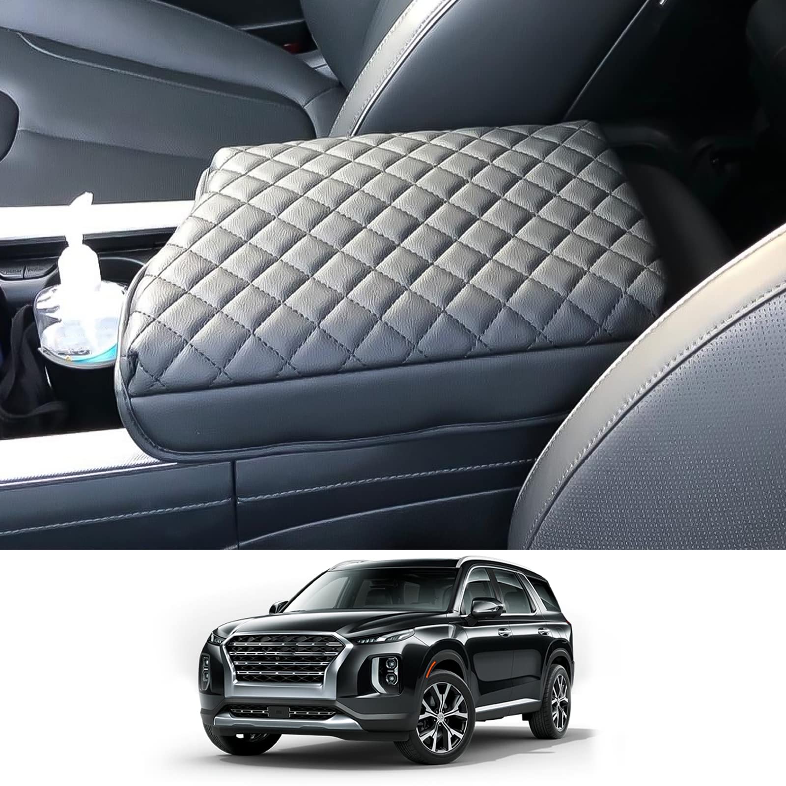 CDEFG Car Center Console Pad for 2020 2021 2022 2023 Palisade Auto Armrest Seat Box Cover Protector Black Leather (Black)