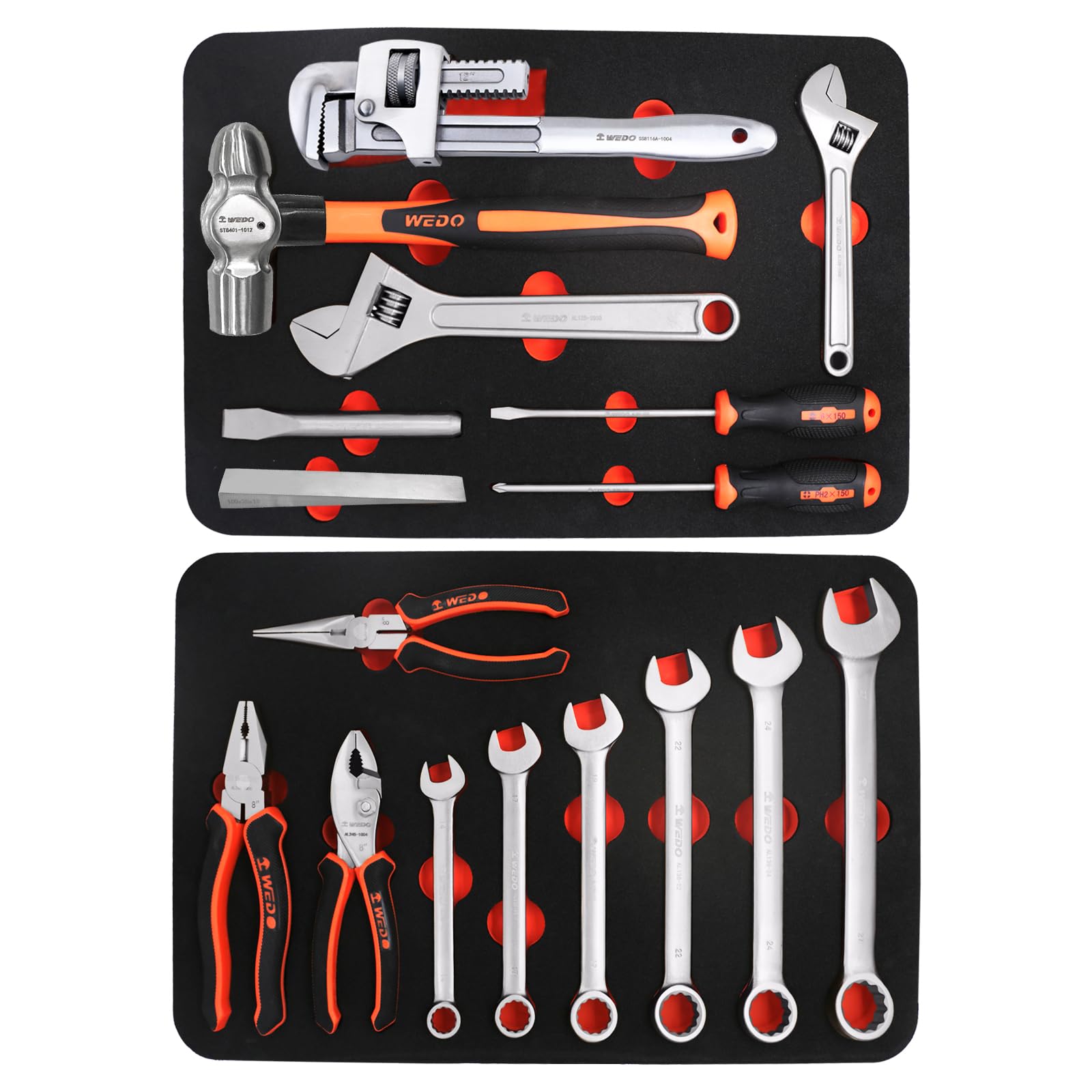 WEDO Set di utensili da 17 pezzi, in acciaio inossidabile, 6 chiavi combinate, cuneo flangiato, cacciavite, martello a punta sferica, pinze combinate, pinze a becco scorrevole, pinze a becco ad ago,