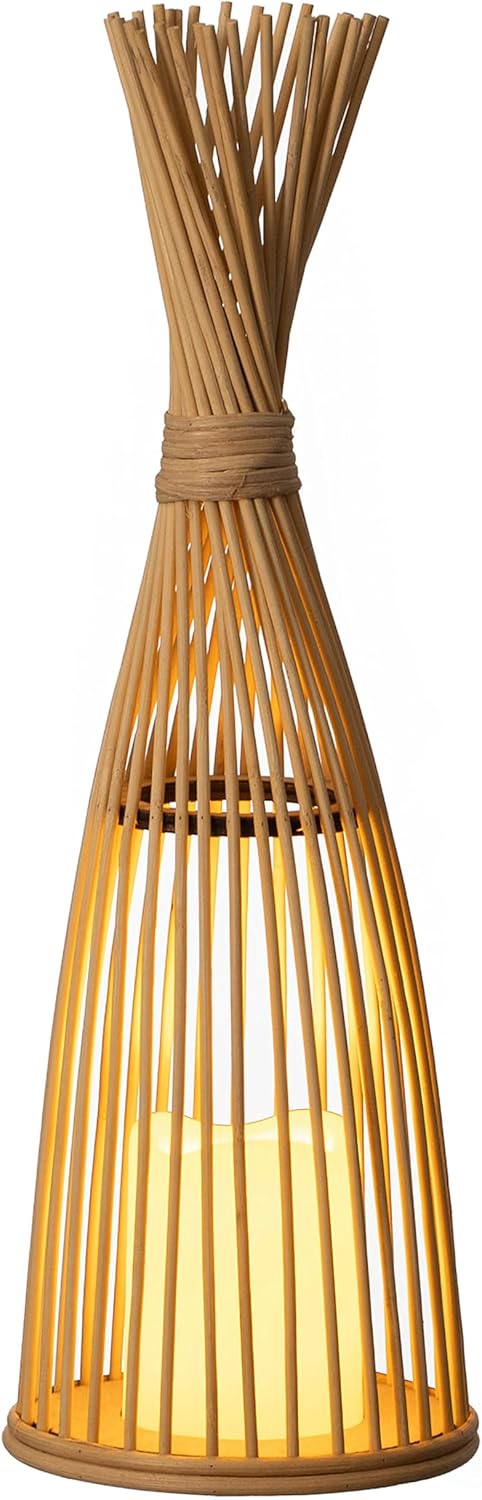 Vintiquewise Hand-Woven Tall Bamboo LED Floor Standing Lantern – Bohemian Wicker Decorative Lamp and Farmhouse Accent for Living Rooms Entryways Patios and Garden, Small