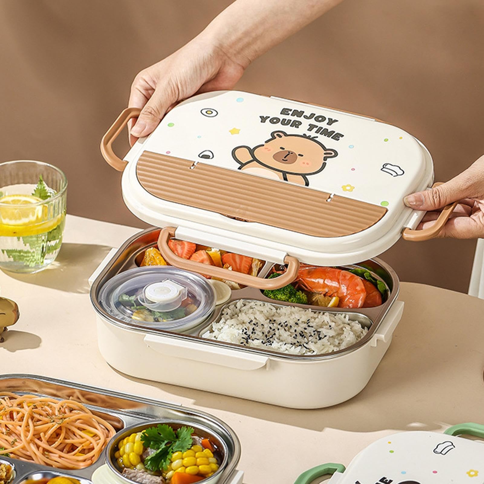 Teksome Boîte à lunch enfant Couverts Portables Adaptés Au Micro-Ondes | contenants à collation 4 compartiments et couverts adultes Sac De Transport Pour Repas Et Collations, Pique-Nique, Crèche Et