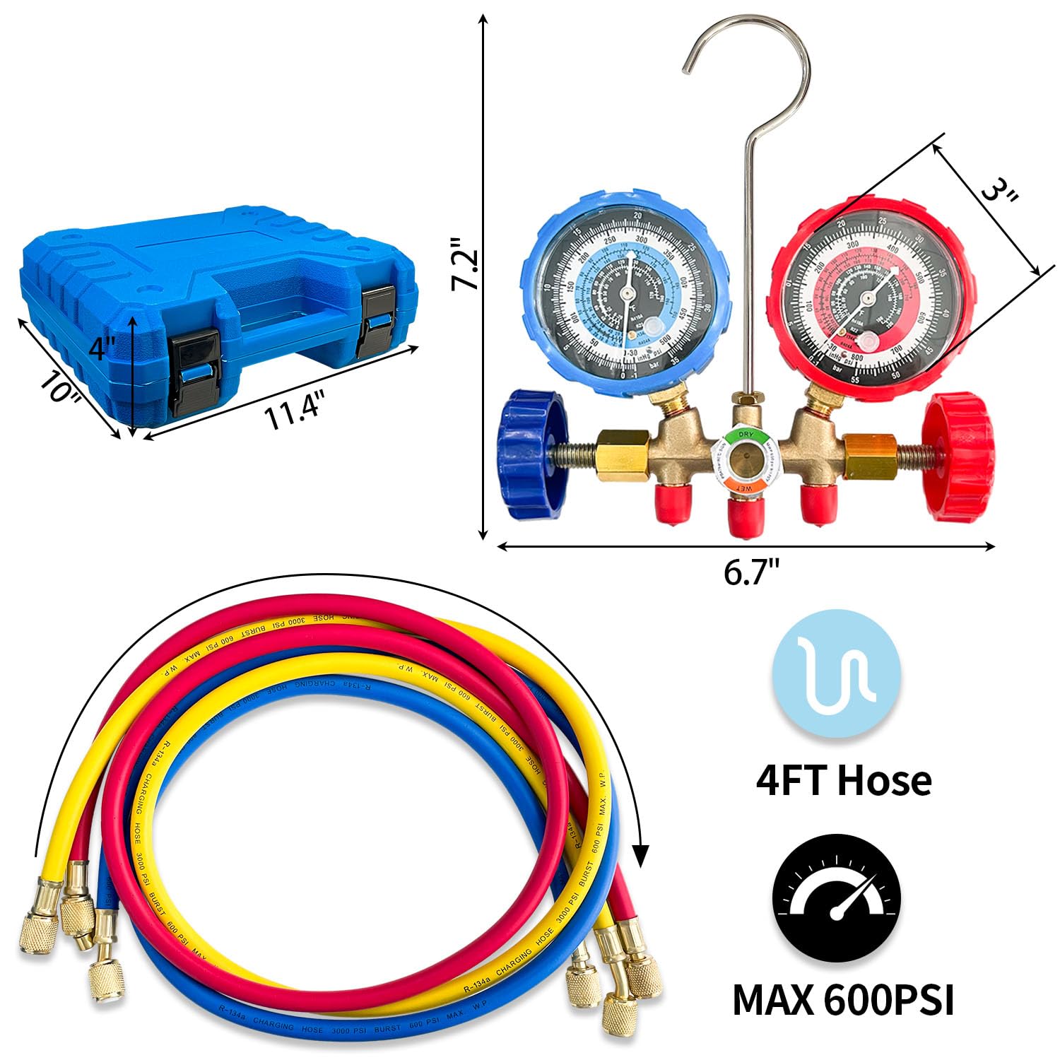 Sutekus Juego de manómetros de CA de 3 vías, kit de carga de freón con acopladores de mangueras y adaptador para refrigerante R410 R22 R134A R404