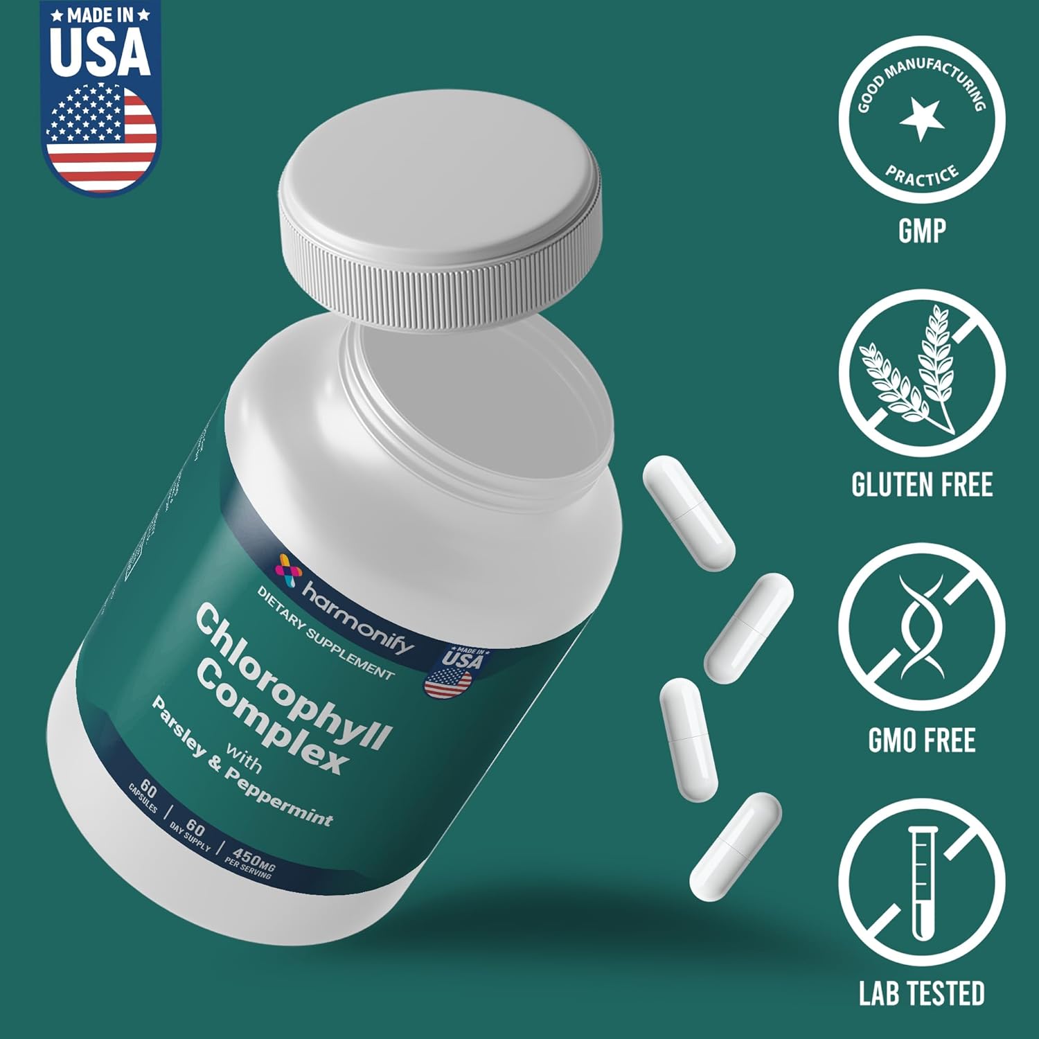 Chlorophyll Capsules 450mg, Natural Chlorophyll Pills for Women & Men – Highly Bioavailable Chlorophyll Supplement – 120 Capsules - Image 2