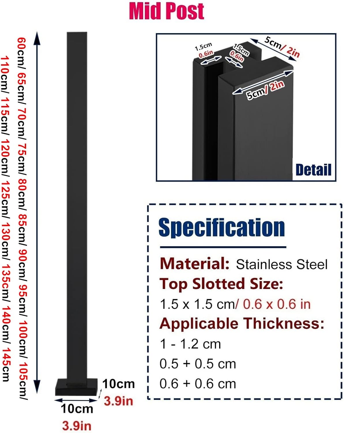 Heavy Duty Black Glass Balustrade Post Kit - Square Handrail for Glass, Plastic, Wood & Acrylic Panels, Easy Install, Height 120cm/47.2in, Shallow Grey Finish