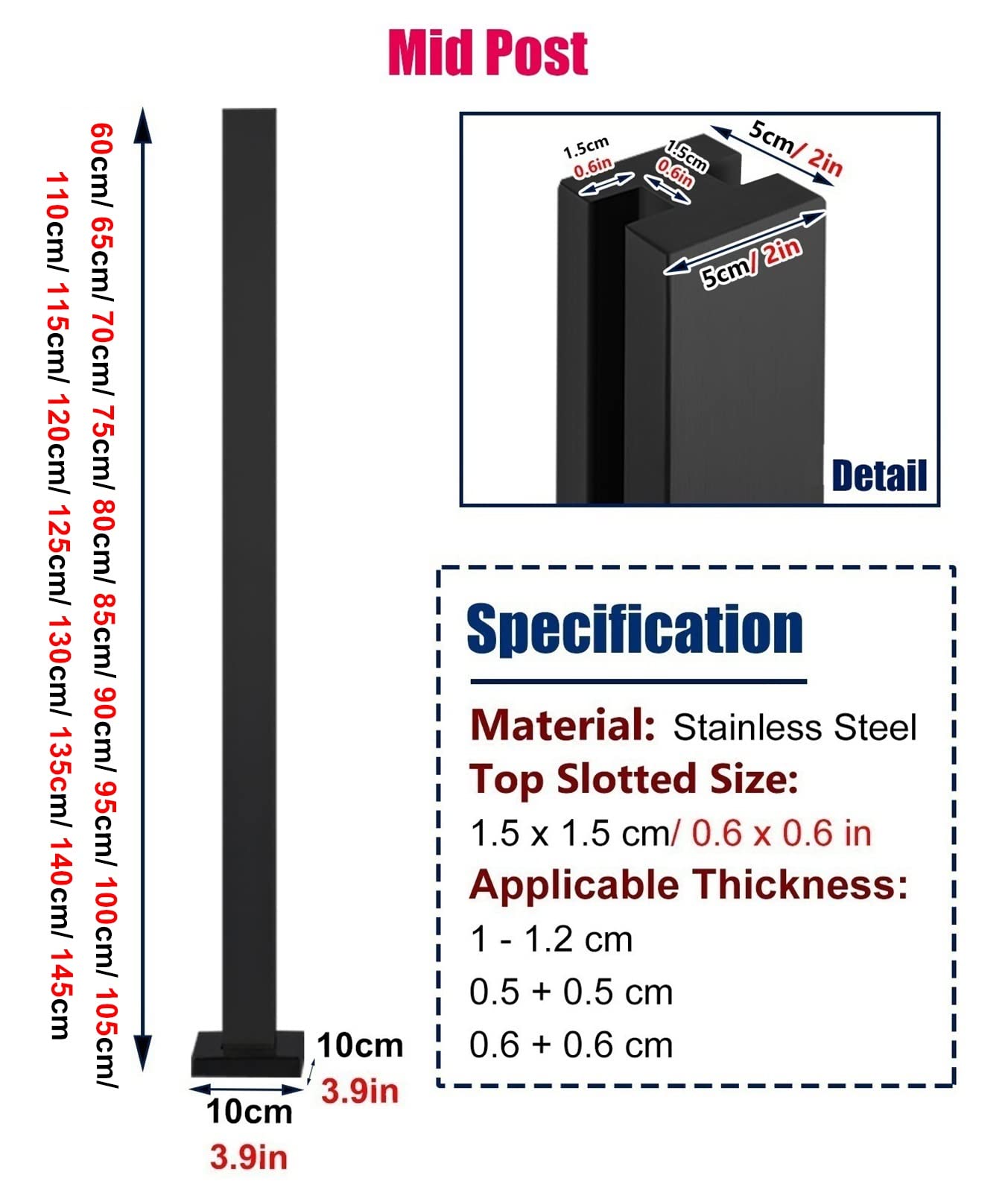 Moderno poste de barandilla de vidrio negro para suelo de hormigón y madera, 120 cm de altura, cuadrado, valla de seguridad para balcón