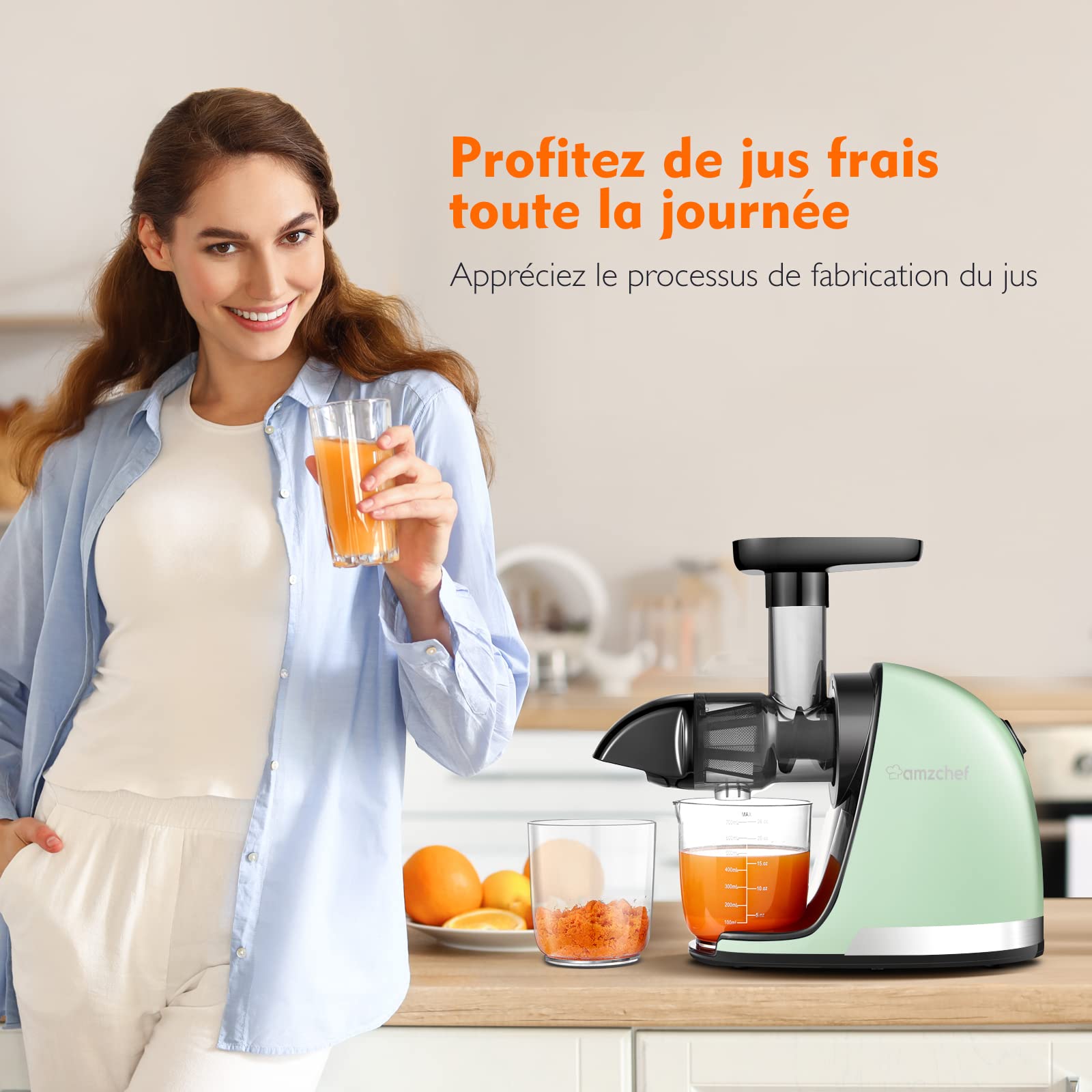 AMZCHEF Extracteur de Jus à Froid sans BPA 2 Tasses Brosse Fonction Mastication Inversée Vert
